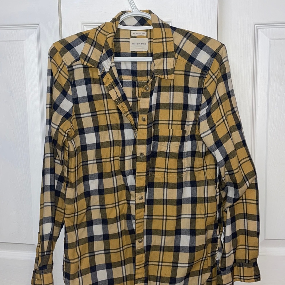blue, yellow and white plaid flannel from american eagle